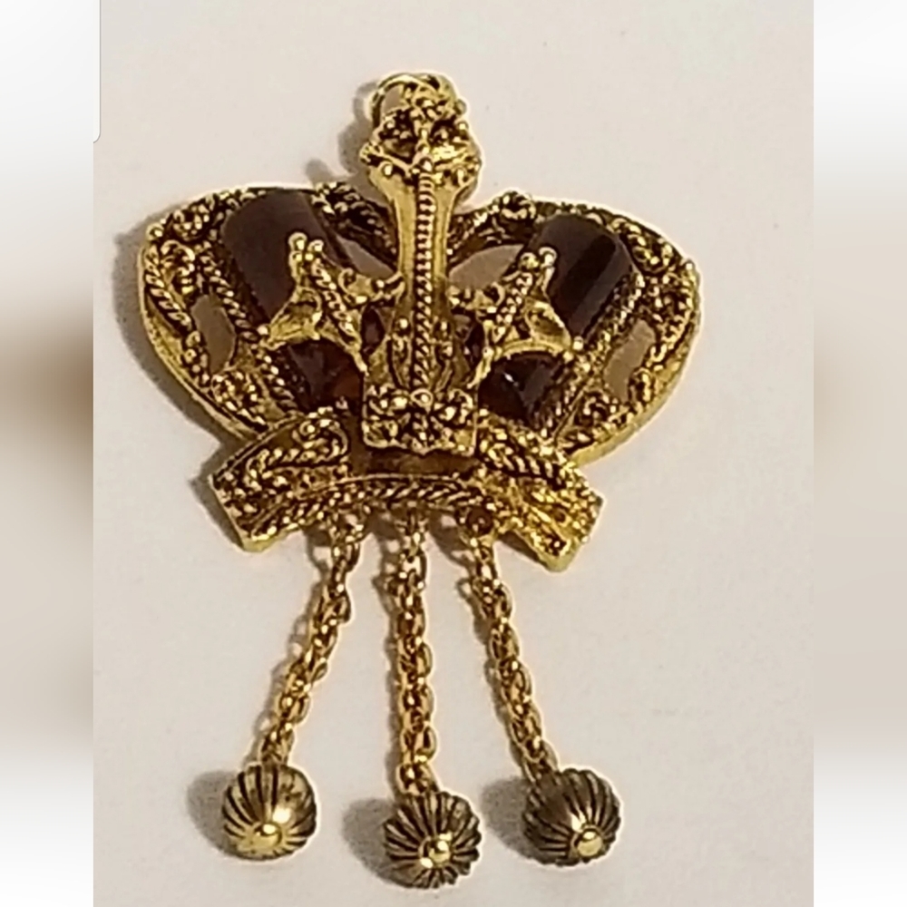 Vintage Gold Tone Crown with Red Brown Stone Statement Pendant